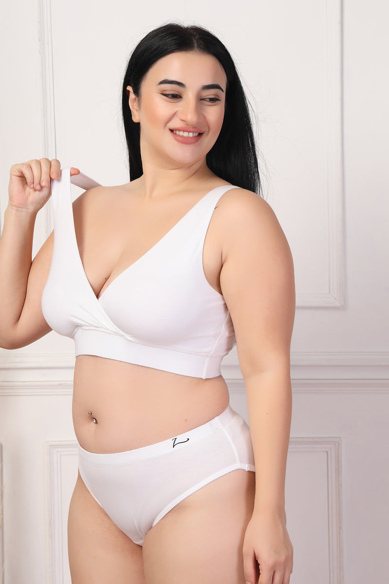 Back view shows wide supportive straps and hook-and-eye closure for fit.