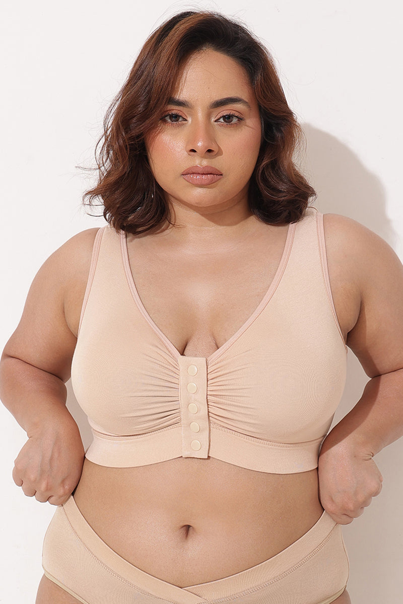 Ruched Modal Front-Open Bra with G-Hook - Nude Almond