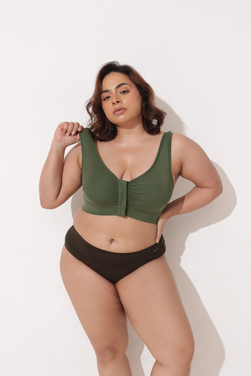 Ruched Invisible Button Nursing Bra - Forest Green