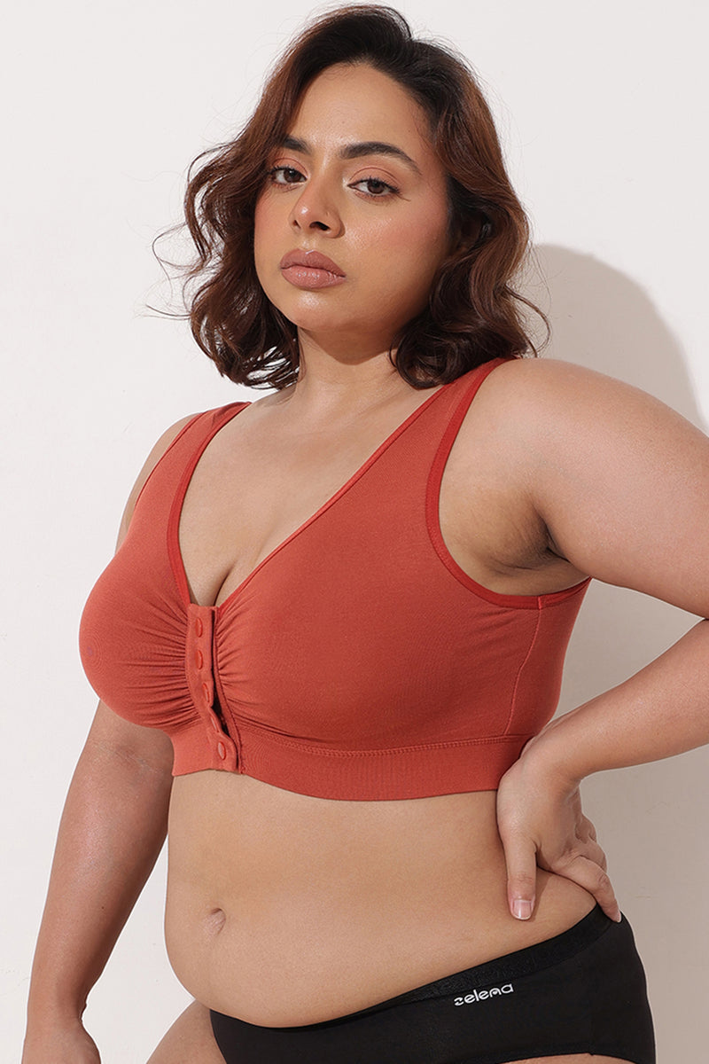 Ruched Modal Front-Open Bra with G-Hook - Rust