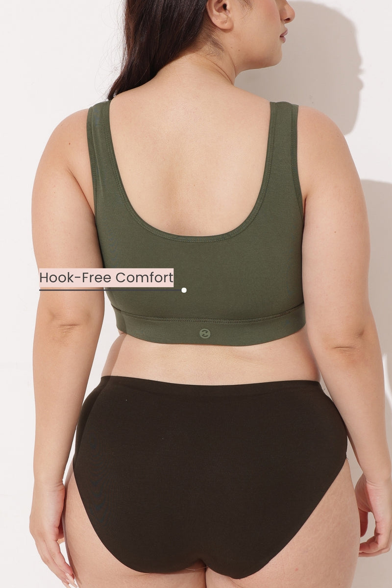 Ruched Modal Front-Open Bra with G-Hook - Forest Green