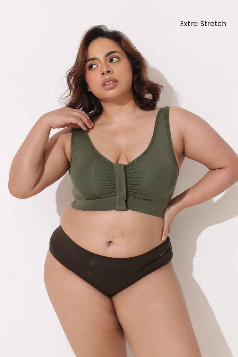 Ruched Tape-Button Nursing Bra - Forest Green