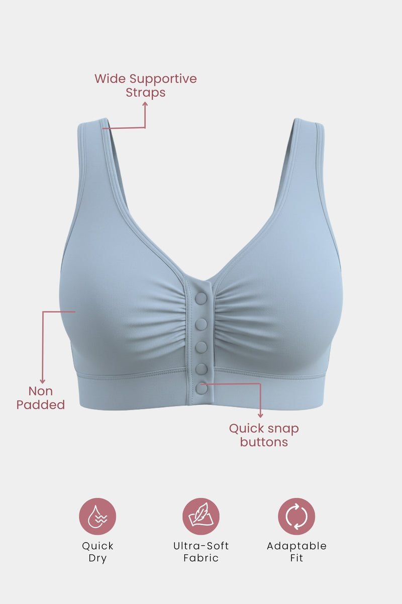 Model wearing M-Blue Bra; V-neck style works under low-cut tops.