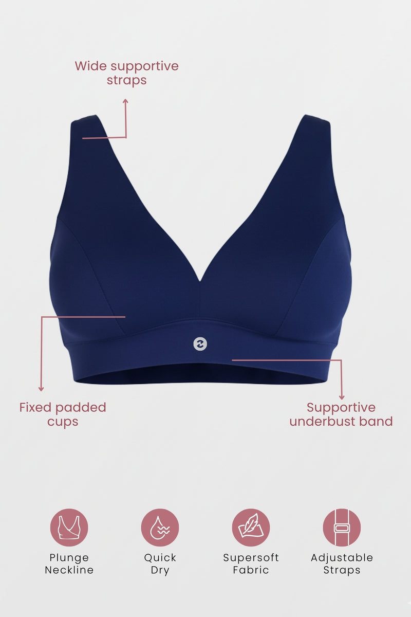Model wearing Navy Padded Bra; wire-free construction offers natural support and comfort.