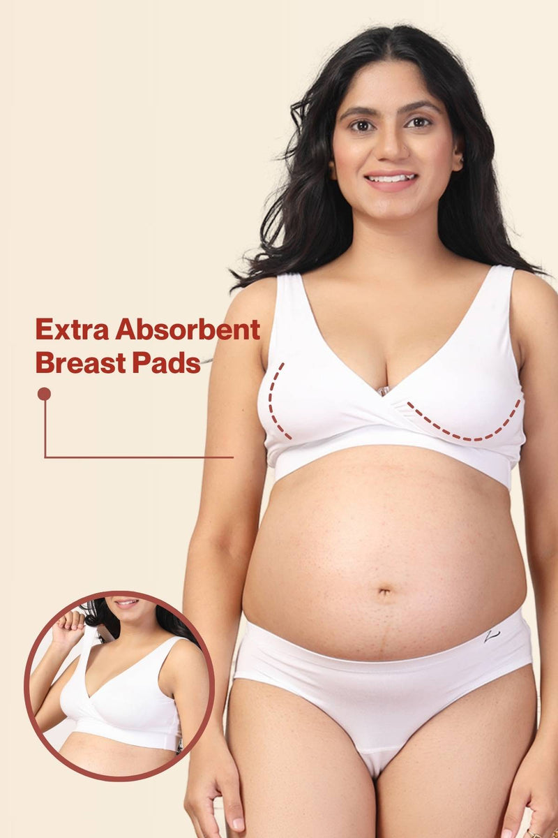 White Feeding Bra: Wire-free, seamless design for skin comfort.