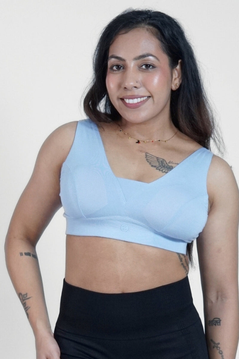 M-Blue Padded Bra; four-way stretch fabric adapts gracefully to the body silhouette.
