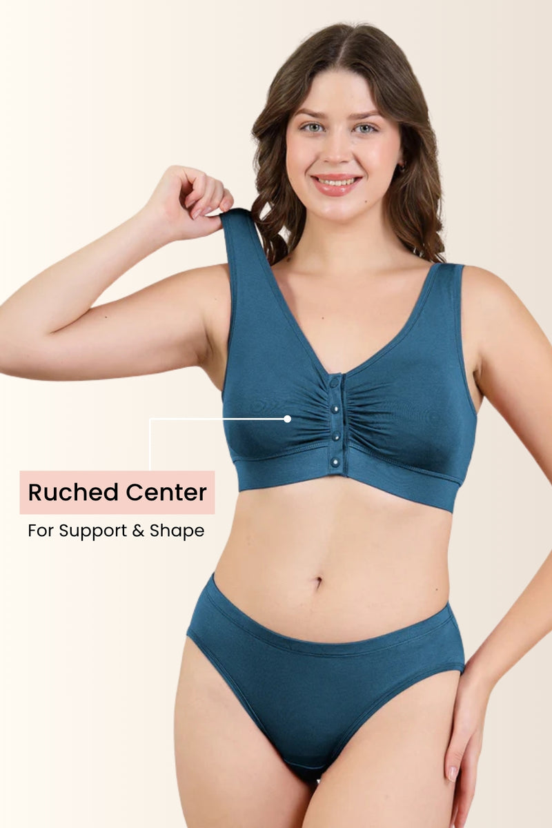 Airforce Feeding Bra; front hooks open completely for skin-to-skin contact.