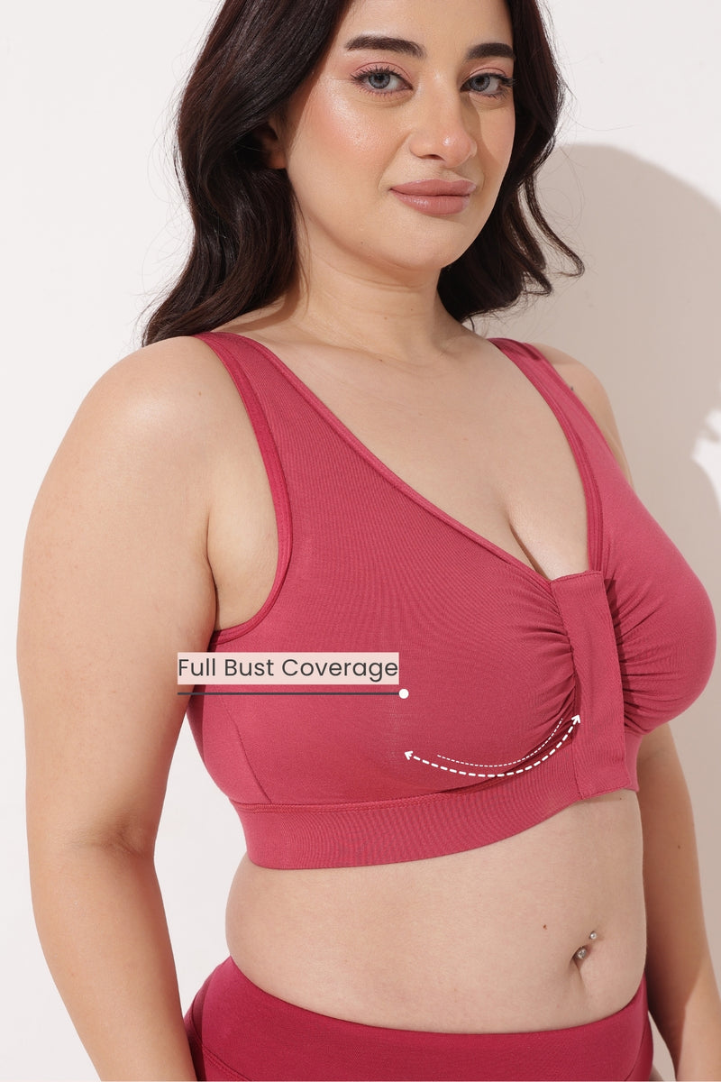 Ruched Tape-Button Nursing Bra - Red