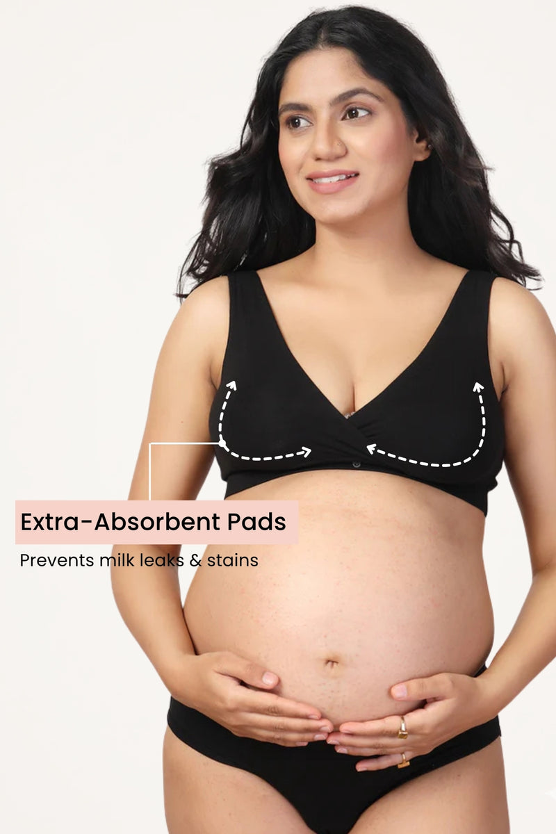 Black Maternity Bra; simple overlapped style allows quick access for baby feeding.