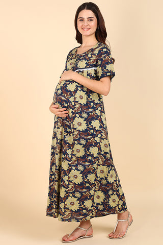 Yellow Floral Printed 100% Soft Cotton Zipless Maternity Maxi
