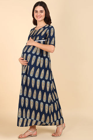 Navy Blue Printed 100% Soft Cotton Zipless Maternity Maxi