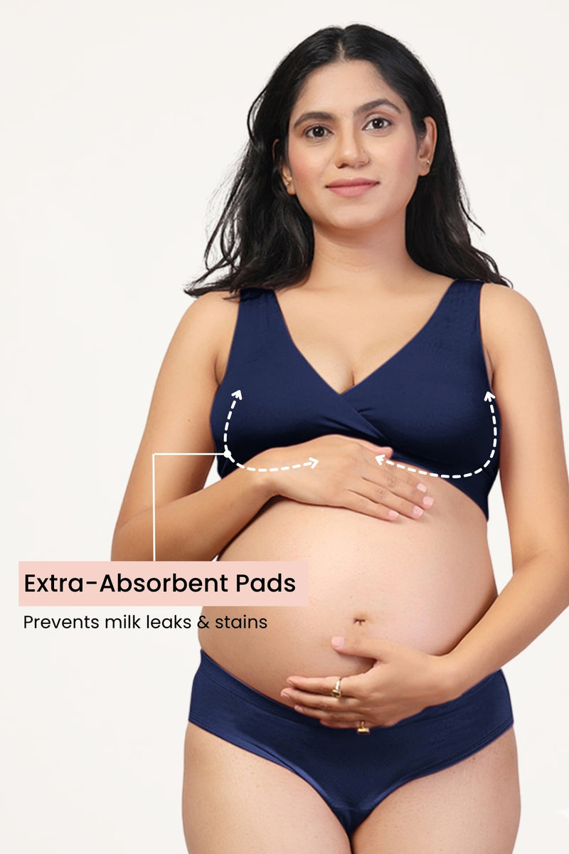 Navy Maternity Bra; scoop neck design supports easy fold-down access for feeding.