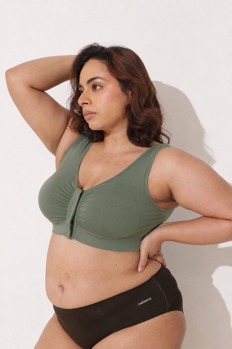 Ruched Invisible Button Nursing Bra - Sage Green