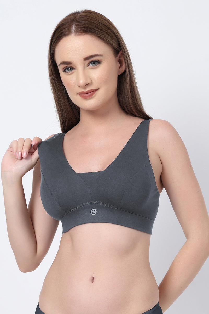 Steel Grey Feeding Bra; overlapped design eliminates clips or hooks for quick access.