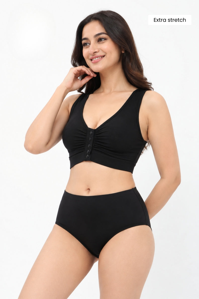 Ruched Modal Front-Open Bra - Black