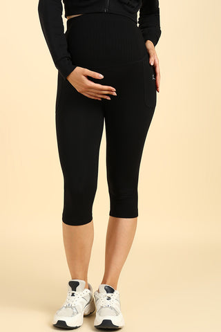 Ribbed Cotton Black Maternity Capri (Pregnancy & Postpartum)