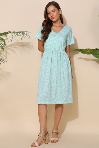 Green All Over Printed 100% Soft Cotton Zipless Maternity Feeding Dress