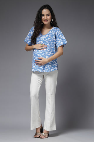 Serene Sky Blue Cotton Maternity Feeding Top