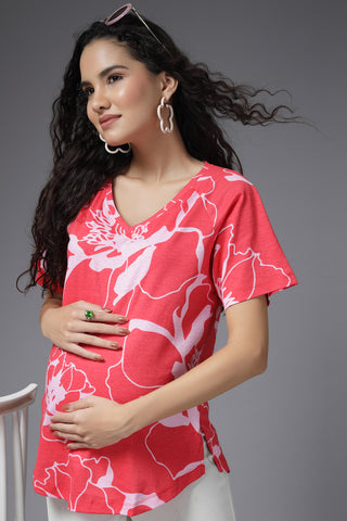 Coral Bloom Maternity Side-Zip Feeding Top