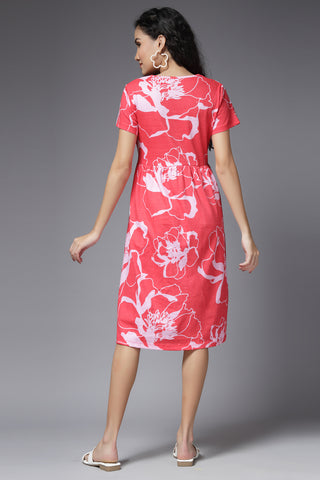 Coral Blossom Cotton Maternity Zipless Feeding Dress