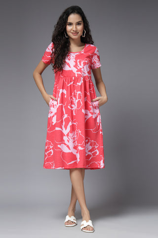 Coral Blossom Cotton Maternity Zipless Feeding Dress