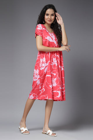 Coral Blossom Cotton Maternity Zipless Feeding Dress