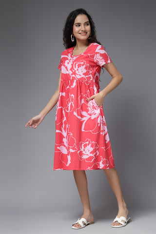 Coral Blossom Cotton Maternity Zipless Feeding Dress