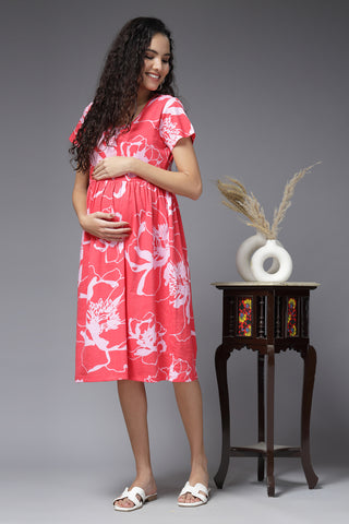 Coral Blossom Cotton Maternity Zipless Feeding Dress