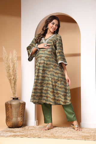 Olive Maternity 3/4th Sleeves Kurti Pant Set