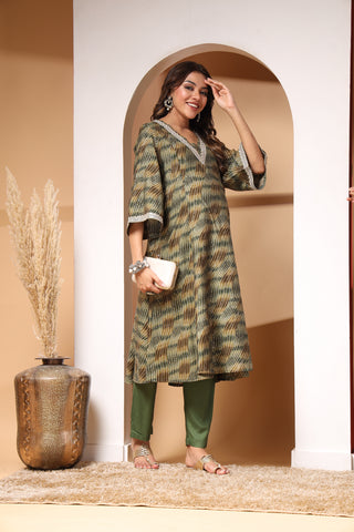 Olive Maternity 3/4th Sleeves Kurti Pant Set