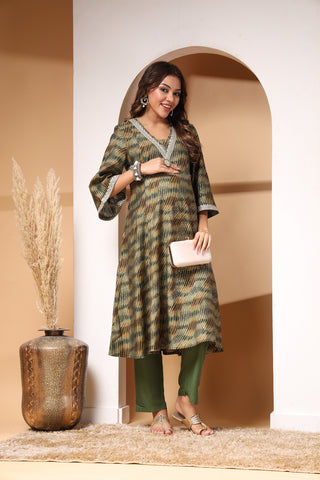 Olive Maternity 3/4th Sleeves Kurti Pant Set