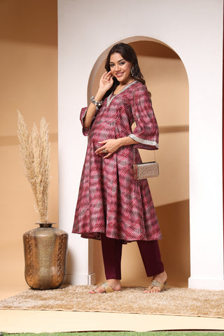 Maroon Maternity 3/4th Sleeves Kurti Pant Set