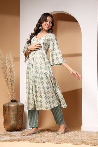 Light Green Gold Foil Print Zipless Feeding Kurta Pant Set