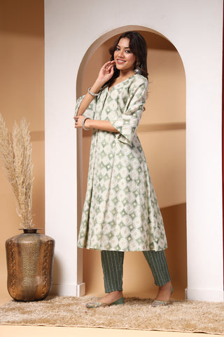 Light Green Gold Foil Print Zipless Feeding Kurta Pant Set