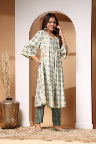 Light Green Gold Foil Print Zipless Feeding Kurta Pant Set