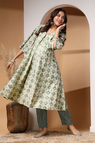 Light Green Gold Foil Print Zipless Feeding Kurta Pant Set