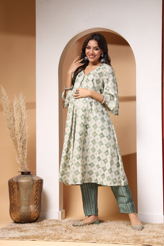 Light Green Gold Foil Print Zipless Feeding Kurta Pant Set