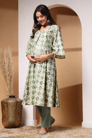 Light Green Gold Foil Print Zipless Feeding Kurta Pant Set