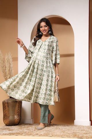 Light Green Gold Foil Print Zipless Feeding Kurta Pant Set