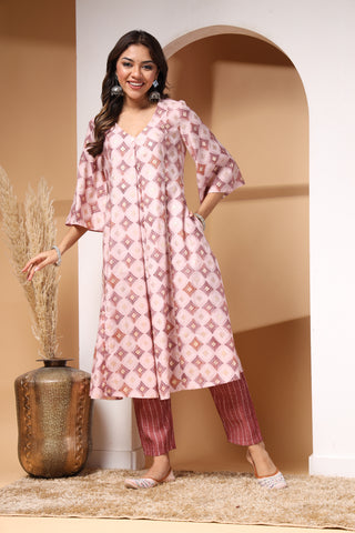 Pink & Maroon Gold Foil Print Zipless Feeding Kurta Pant Set