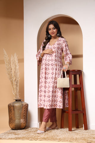 Pink & Maroon Gold Foil Print Zipless Feeding Kurta Pant Set