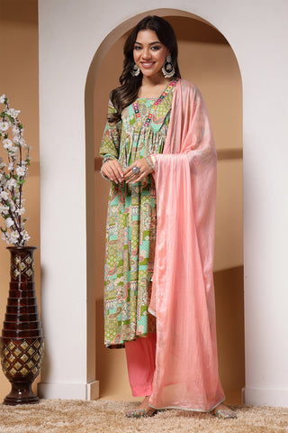 Green Paisley Print Maternity Kurti Pant Set with Dupatta