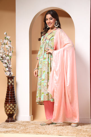 Green Paisley Print Materntiy Kurti Pant Set with Dupatta