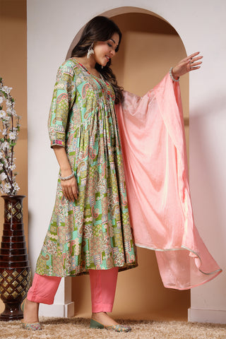 Green Paisley Print Maternity Kurti Pant Set with Dupatta