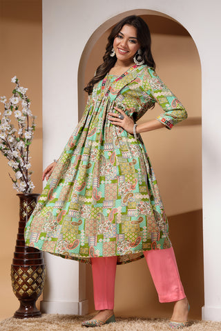 Green Paisley Print Maternity Kurti Pant Set with Dupatta