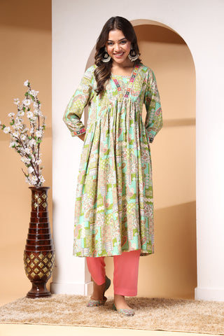 Green Paisley Print Materntiy Kurti Pant Set with Dupatta