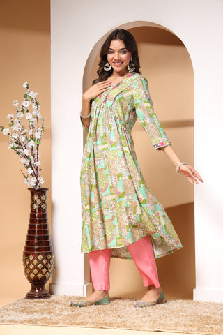 Green Paisley Print Materntiy Kurti Pant Set with Dupatta