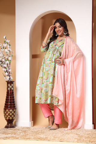 Green Paisley Print Materntiy Kurti Pant Set with Dupatta