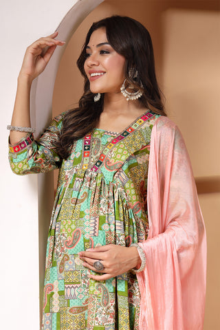 Green Paisley Print Maternity Kurti Pant Set with Dupatta