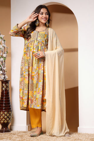 Multicolor Paisley Print Zipless Feeding Kurti Pant Set with Dupatta